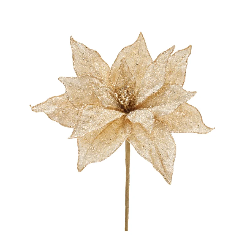 Glittered Gold Poinsettia Flower Stem, Set of 6