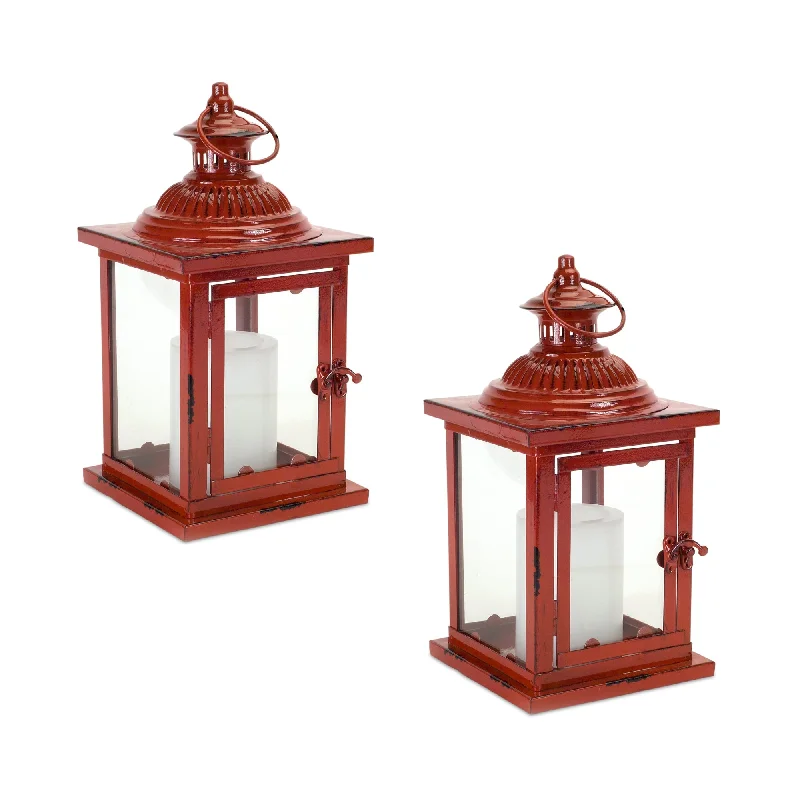 Antique Style Red Metal Lantern, Set of 2