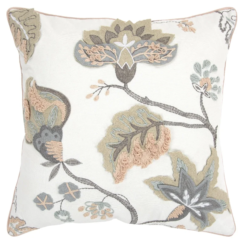 Applique And Embroidered Cotton Floral Decorative Throw Pillow