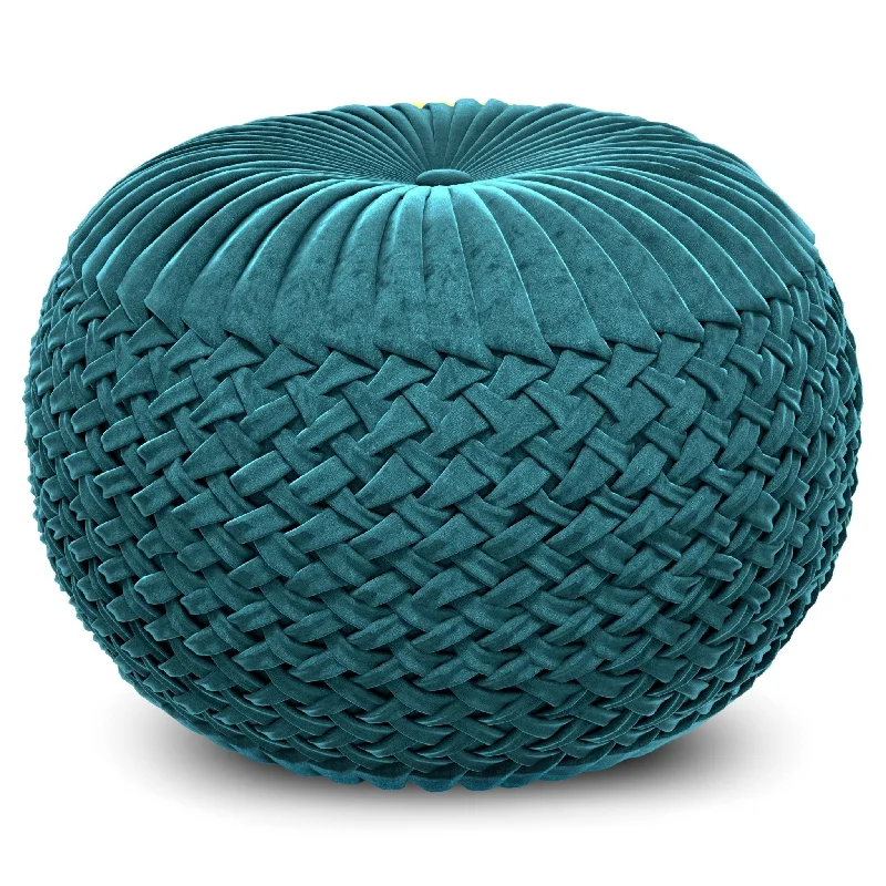 Aurorae Velvet Round Pouf with Button Tufted Pleated Top and Woven Detailed Sides