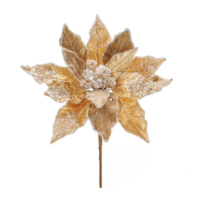 Beaded Gold Poinsettia Flower Stem, Set of 2