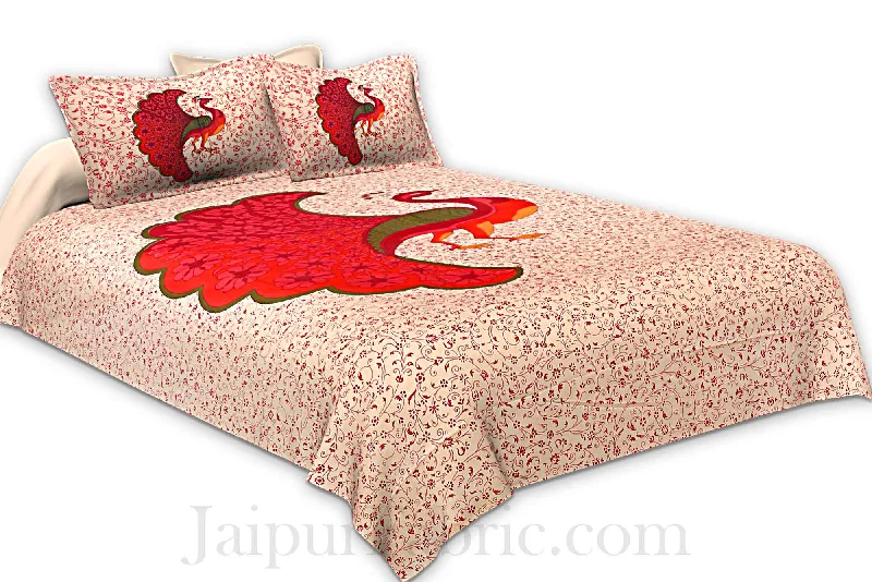 Beige Double Bedsheet with Orange Dancing Peacock