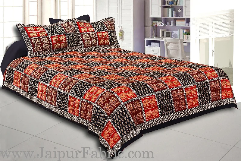 Black Border checkered  With Elephant And Dandiya  Pattern  Golden Print Super fine Cotton  Double Bed Sheet