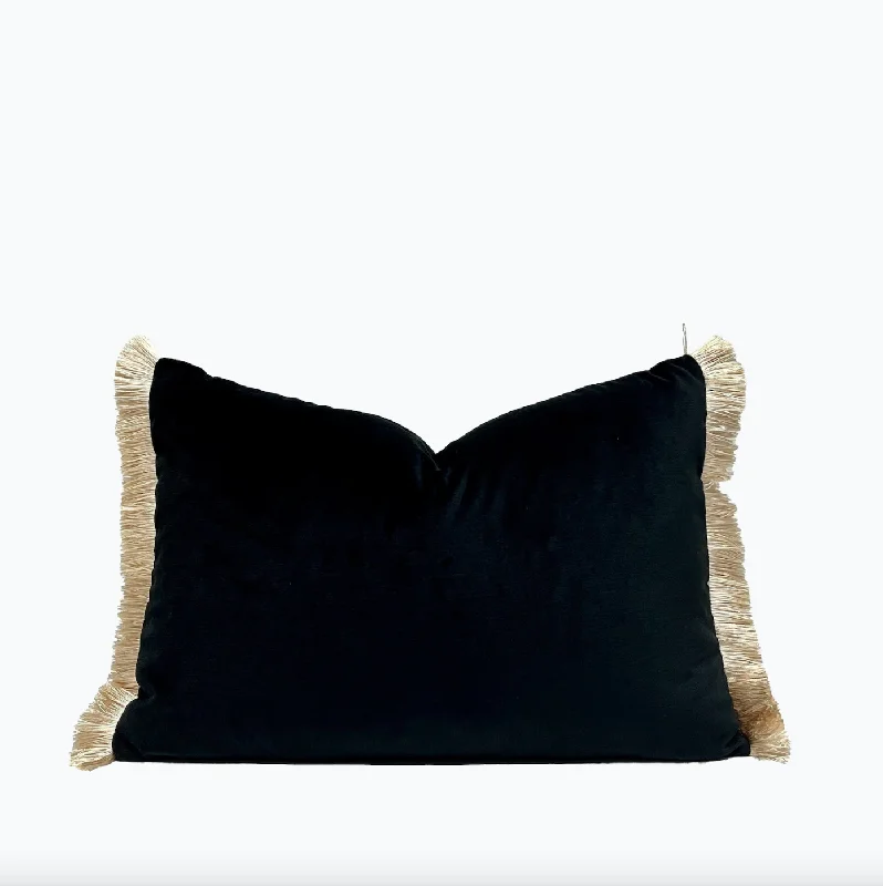 Black Velvet and Ivory Fringe Throw Pillow