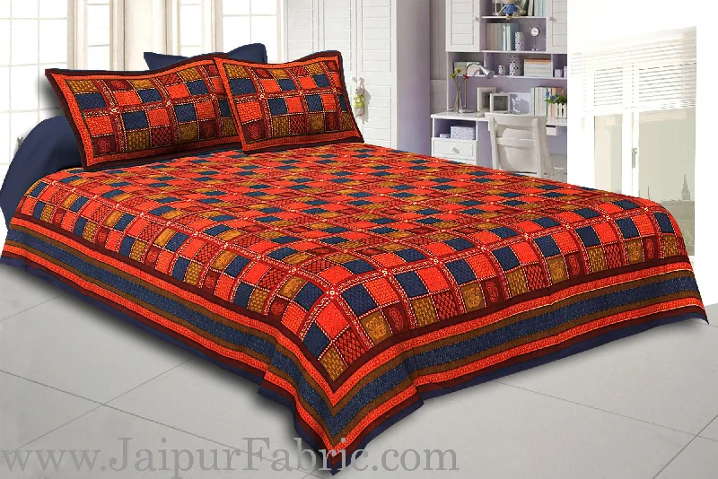 Blue Border Red And Blue Check Pattern Dabu Print (Hand Block)  Super Fine Cotton Double Bed Sheet