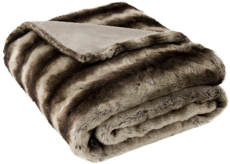 Brown and White Faux Fur Striped Throw Blanket