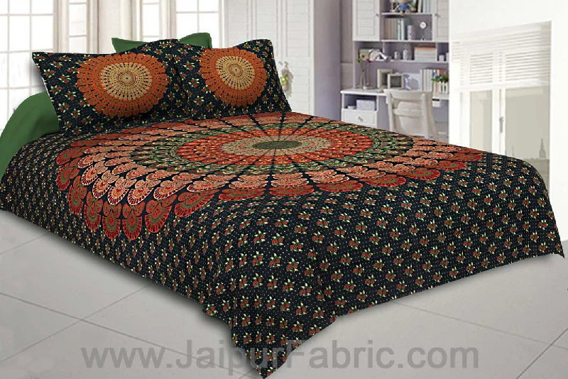 Dark Green Mandala Bedsheet Tapestry Floral Print With 2 Pillow Covers