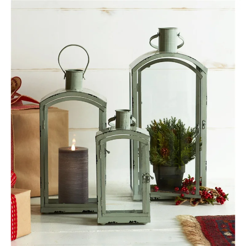 Distressed Metal Lantern with Curved Top, Set of 3