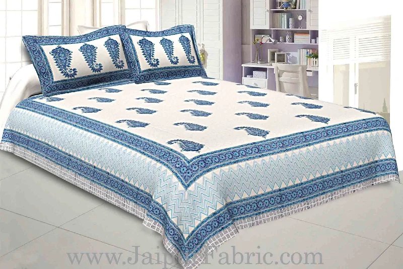 Double Bed Sheet White Base With Kadi Print Blue Rajasthani Buta Hand Block Print Super Fine  Cotton