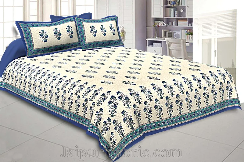 Double Bedsheet Blue Border Vintage Floral Print