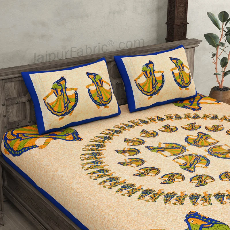 Double Bedsheet Blue Rajasthani Gujri Dance Cotton