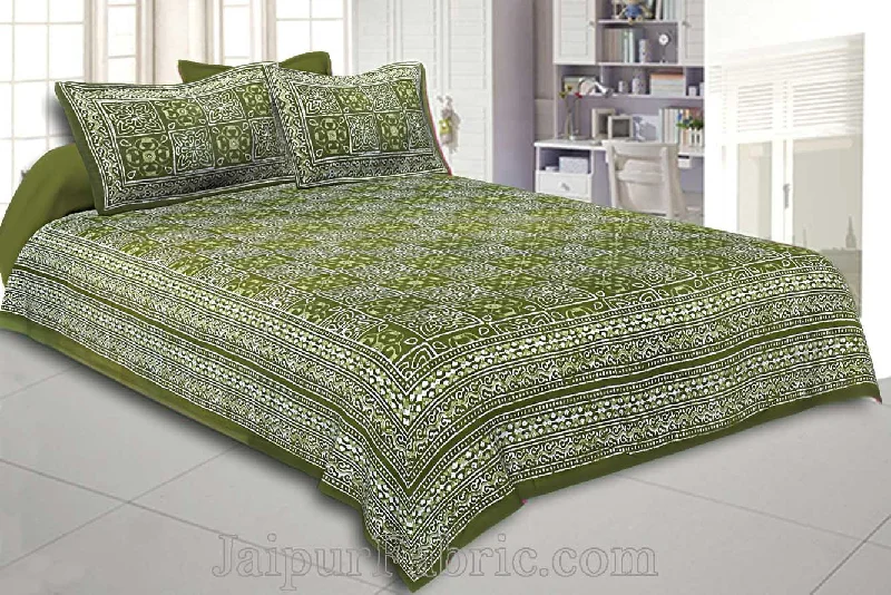 Double Bedsheet Dabu Indigo Dye Olive Green Geometric Patteren