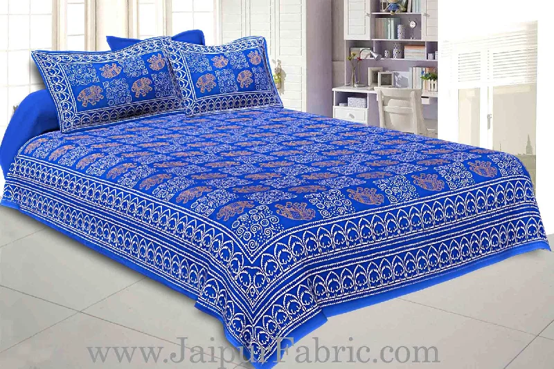 Double Bedsheet Royal Blue Border Golden Elephant Print With Two Pillow Cover