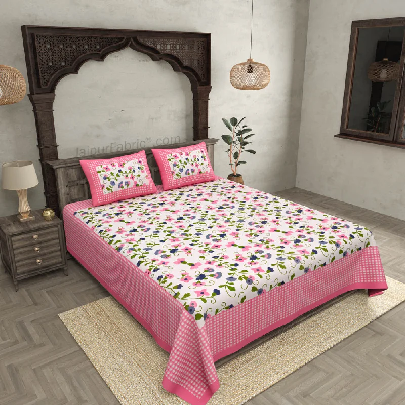 Floral Double Bedsheet Pink Color Checkred Border With 2 Pillow Covers