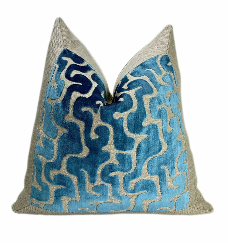 Framed Mediterranean Blue Velvet and Beige Linen Throw Pillow