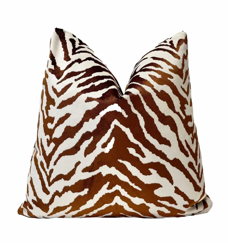 Ginger Bronze Velvet Zebra Print Throw Pillow