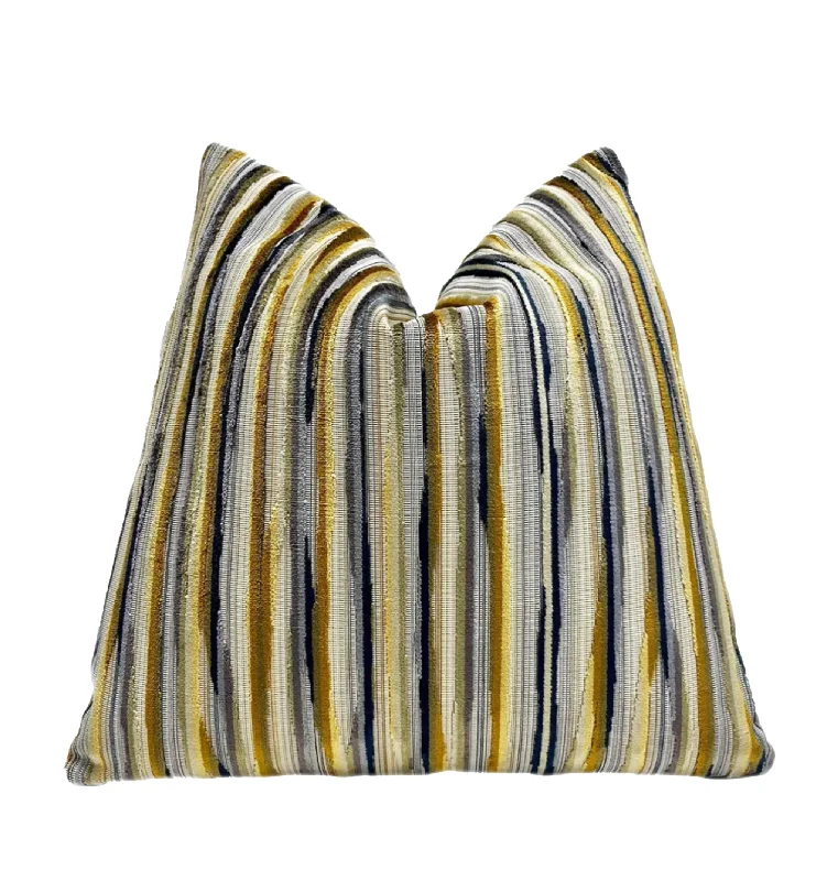 Gold Navy Alternative Stripe Velvet Throw Pillow