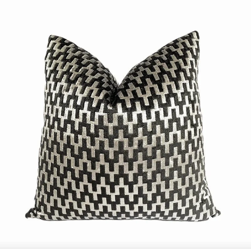 Graphite Gray and Silver Velvet Throw Pillow