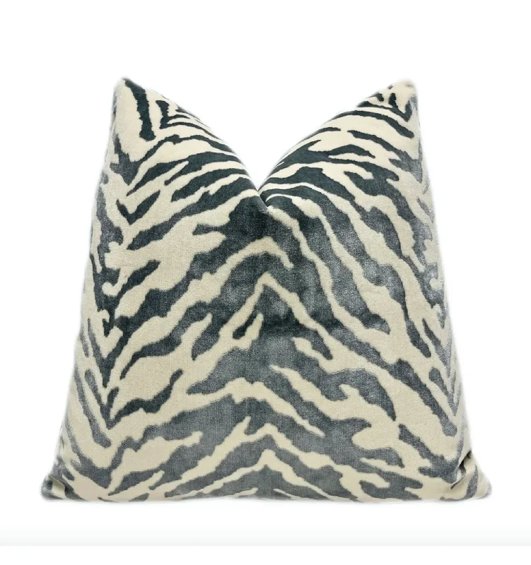 Gray Cream Velvet Zebra Print Throw Pillow