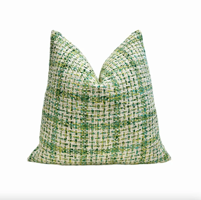 Green and Cream Woven Plaid Throw Pillow