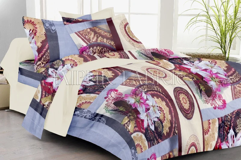 Grey Border Pink Floral Print Double Bed Sheet