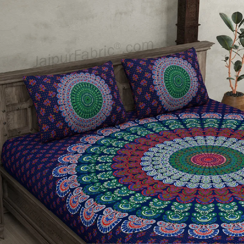 Indigo Blue Mandala Bedsheet Tapestry Floral Print With 2 Pillow Covers