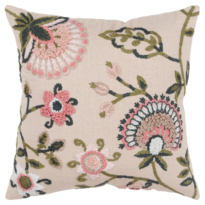 Knife Edge Embroidered Cotton Floral Decorative Throw Pillow