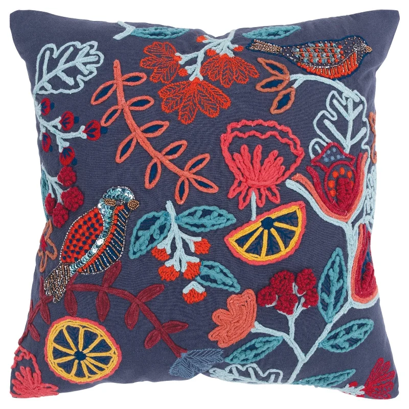 Knife Edge Embroidered Cotton Floral With Bird Decorative Throw Pillow