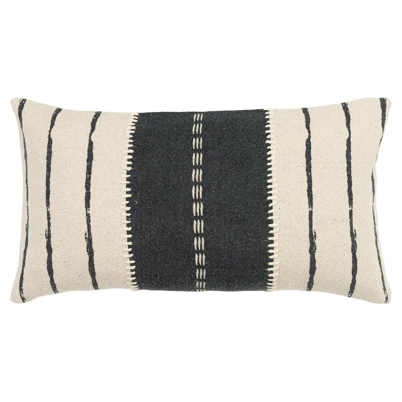 Knife Edge Print And Applied Embellishment Cotton Canvas Stripe Decorative Throw Pillow