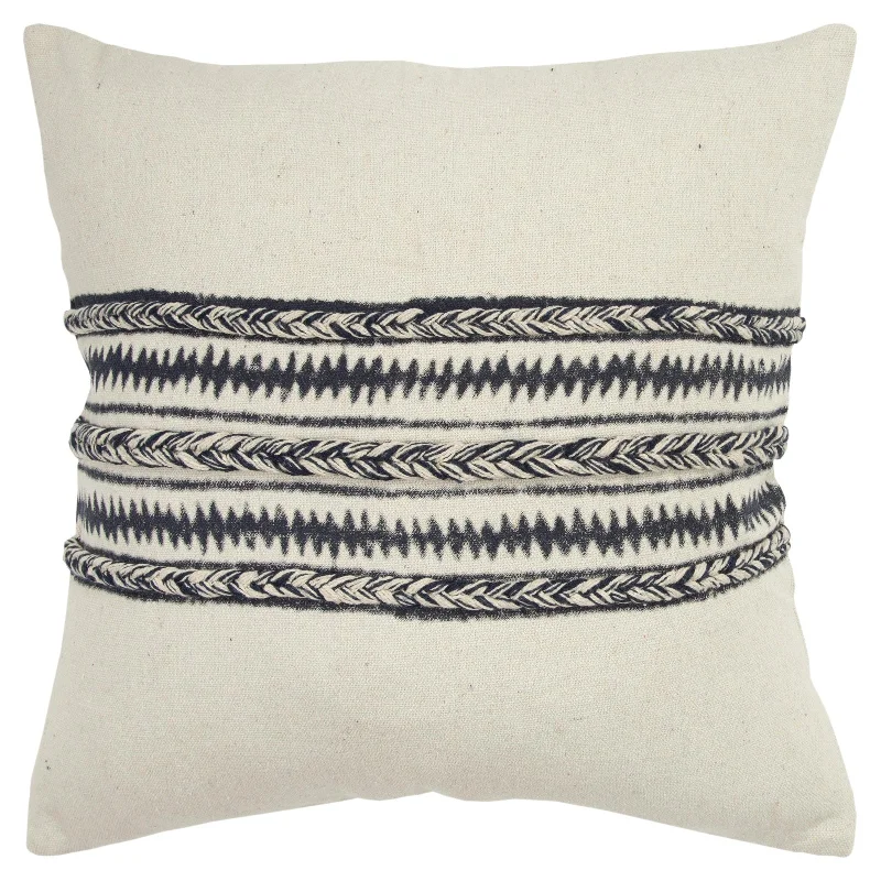 Knife Edge With Embellishment Cotton Canvas Panel And Stripe Decorative Throw Pillow