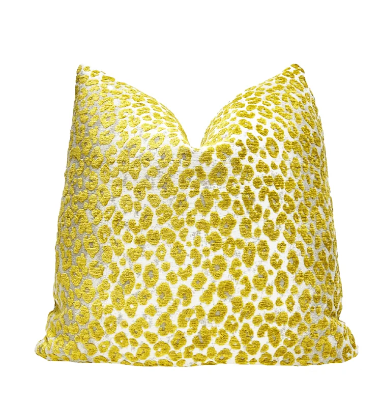 Lemon Citrine Leopard Print Velvet Throw Pillow