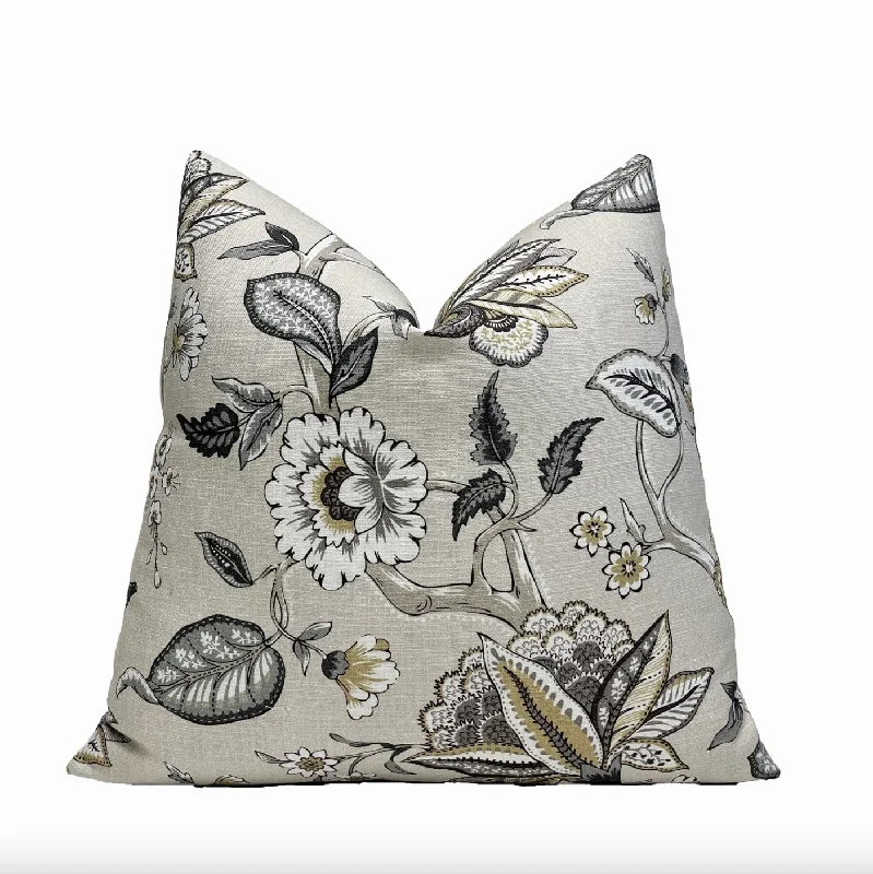 Light Gray and Beige Botanical Linen Throw Pillow