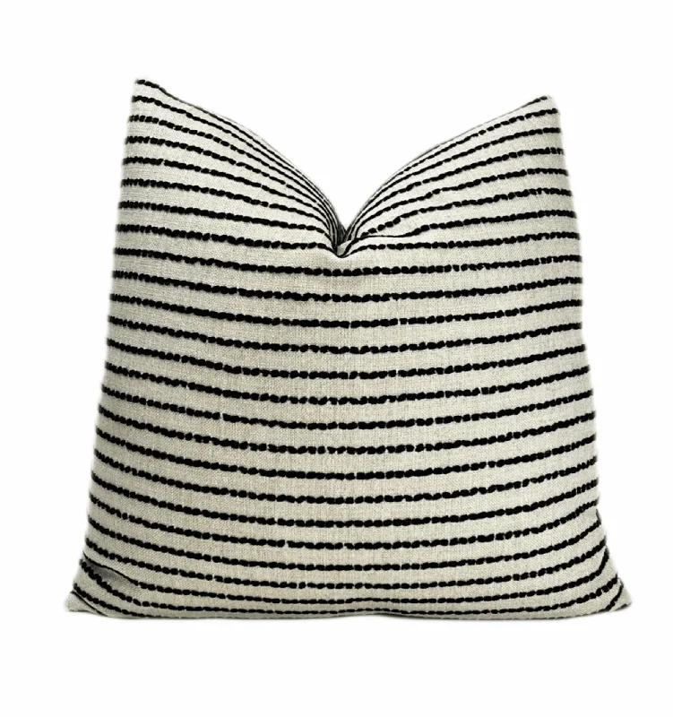 Natural Linen and Black Chenille Stripe Throw Pillow