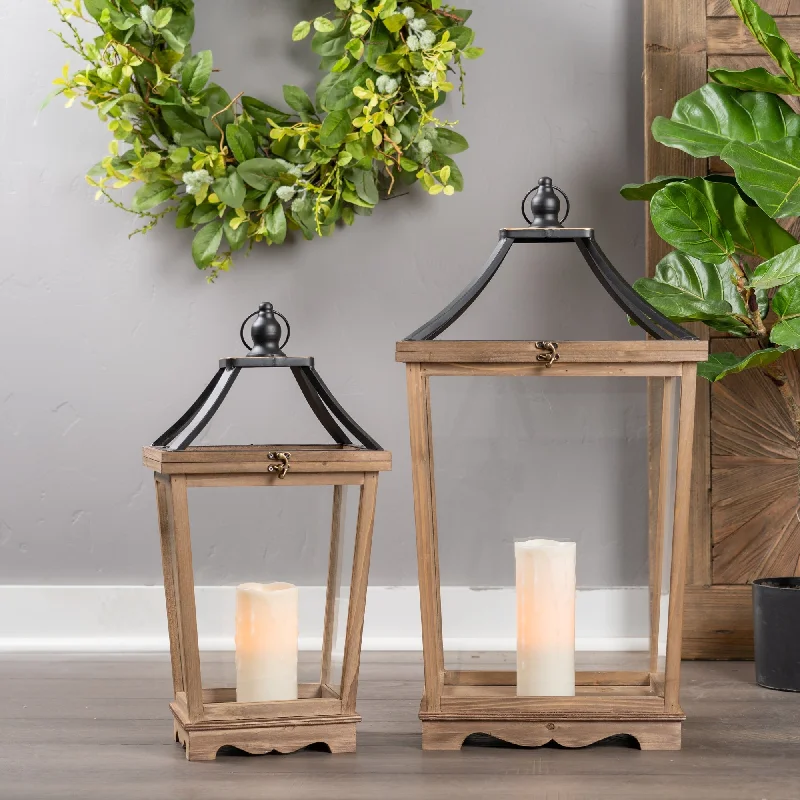 Natural Wooden Lantern with Open Top, Set of 2