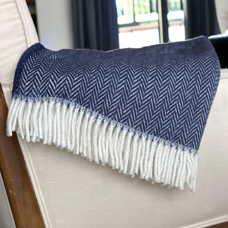 Navy Blue and White Dreamy Soft Herringbone Throw Blanket