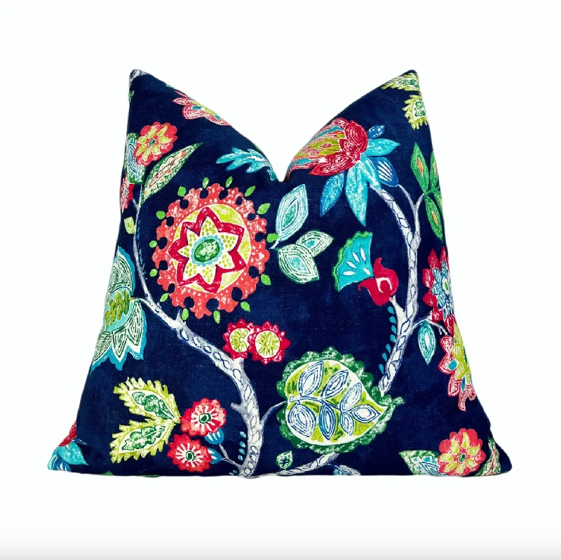 Navy Blue Floral Throw Pillow