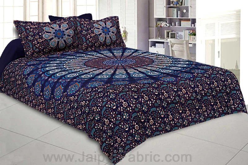 Navy Blue Mandala Bedsheet Tapestry Floral Print With 2 Pillow Covers