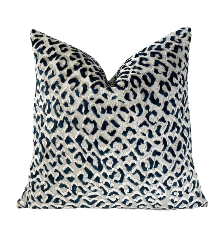 Navy Blue Velvet Leopard Print Throw Pillow