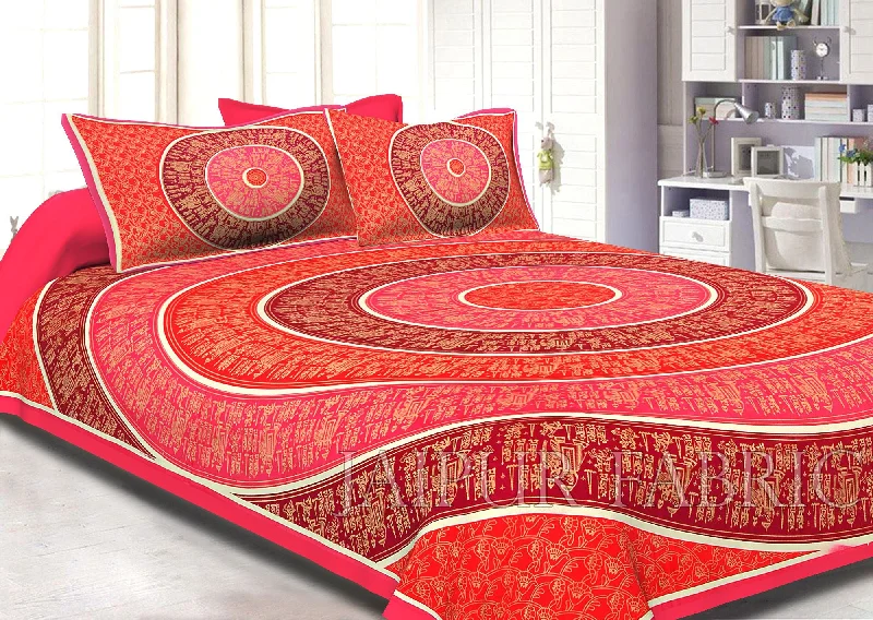 Pink Border Golden Barat In Circle Pattern Super Fine Cotton Double Bedsheet