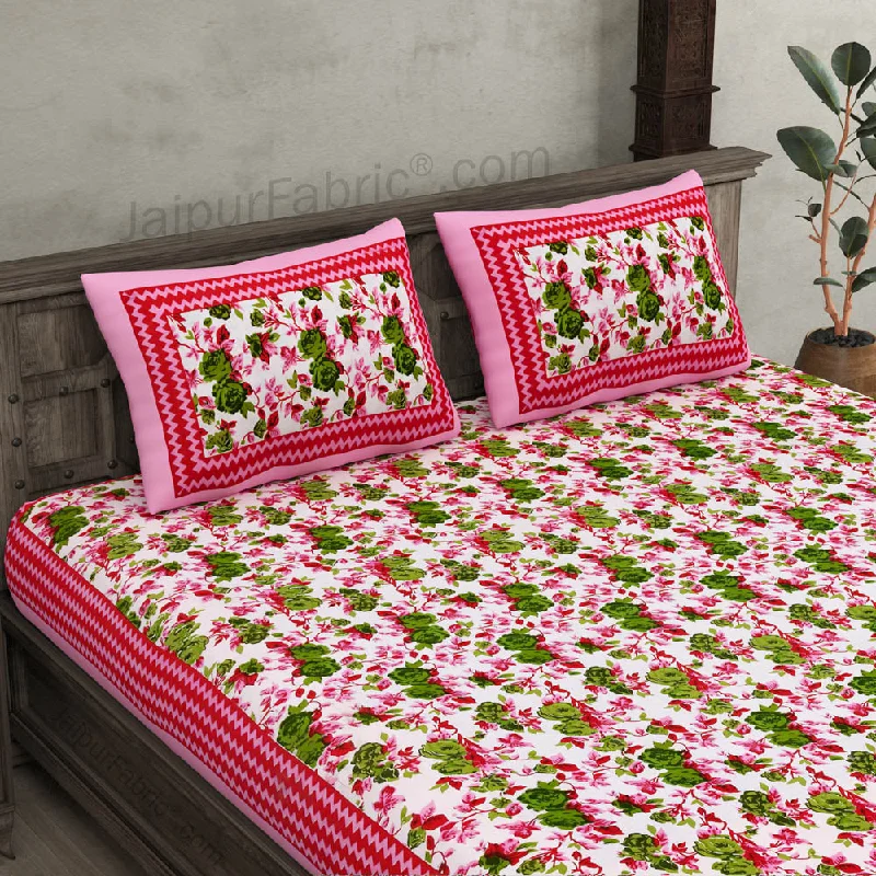 Pink Wavy Border and Floral Print Cotton Double Bed Sheet