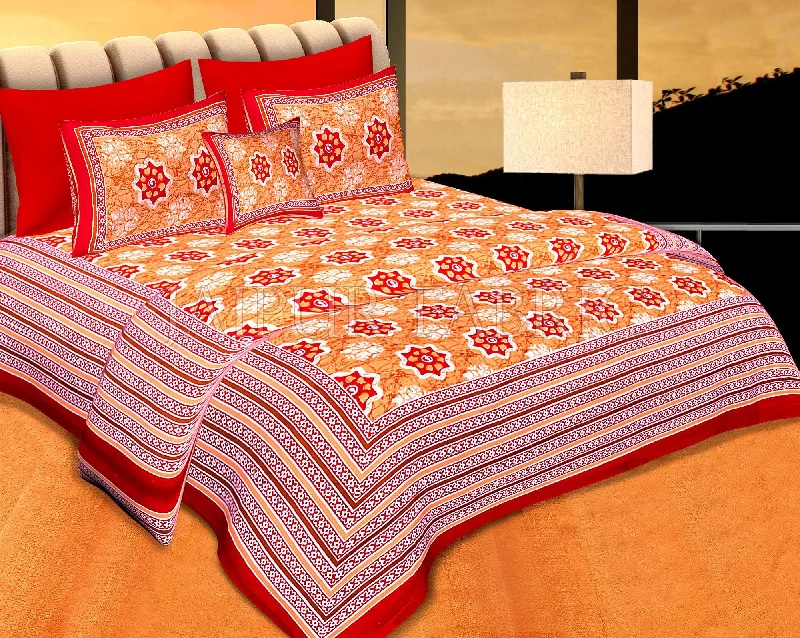 Red  Border Orange Base Floral Print Cotton Double Bedsheet