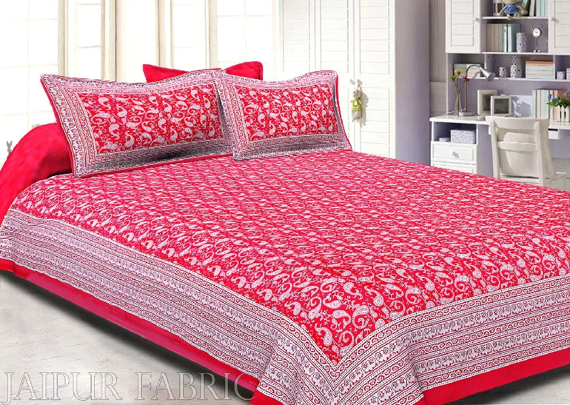 Rose Red Border Base Karry Design Super Fine Cotton Double Bedsheet