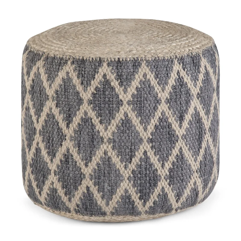 Round Pouf with Cotton and Jute Woven Diamond Pattern