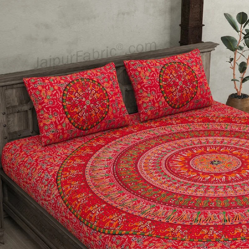 Ruby Red Mandala Bedsheet Tapestry Floral Print With 2 Pillow Covers