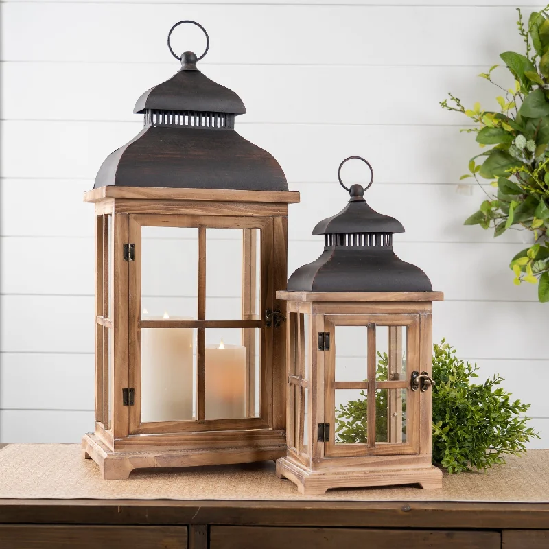 Rustic Wood and Metal Lantern, Set of 2