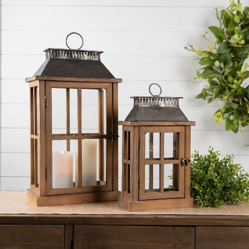 Rustic Wood Floor Lantern with Galvanized Metal Lid, Set of 2