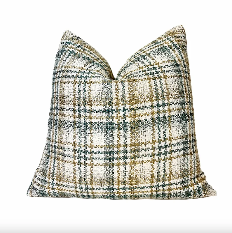 Sage Beige Plaid Throw Pillow