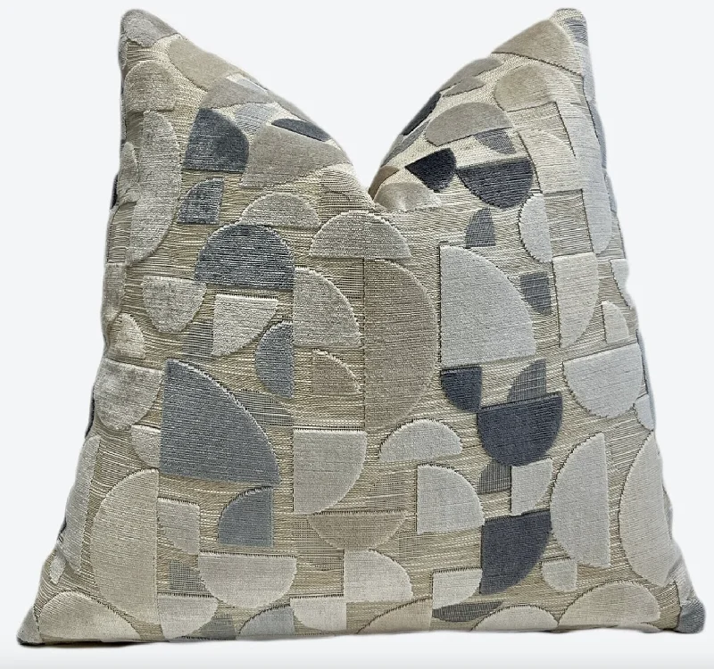 Taupe, Steel Blue, Gray Geometric Velvet Throw Pillow