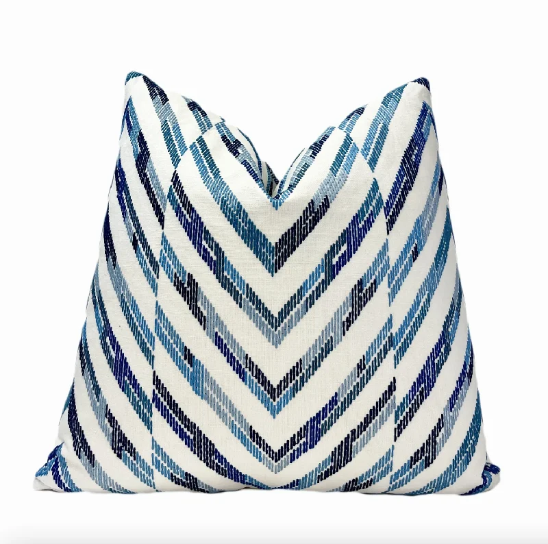 Thibaut Hamilton Embroidery Blue White Throw Pillow