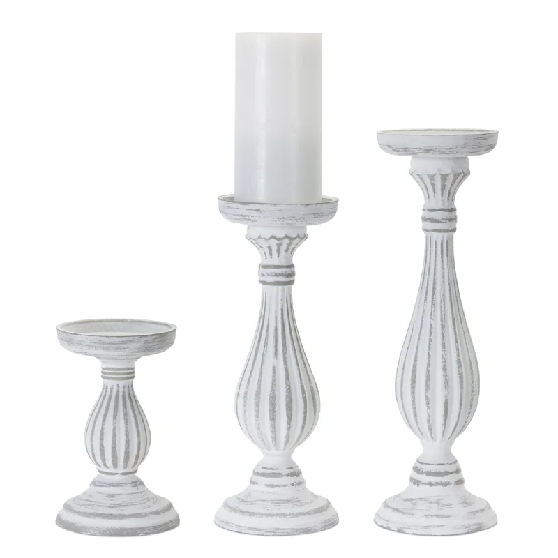 Traditional White Washed Wooden Candle Holder, Set of 3